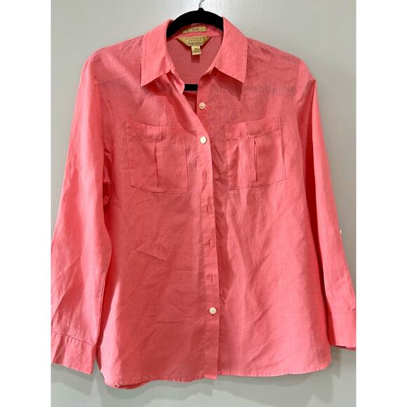 Womens Coral Pink Linen Button Up Long Sleeve Pockets Preppy, classic size-14p - Picture 1 of 7